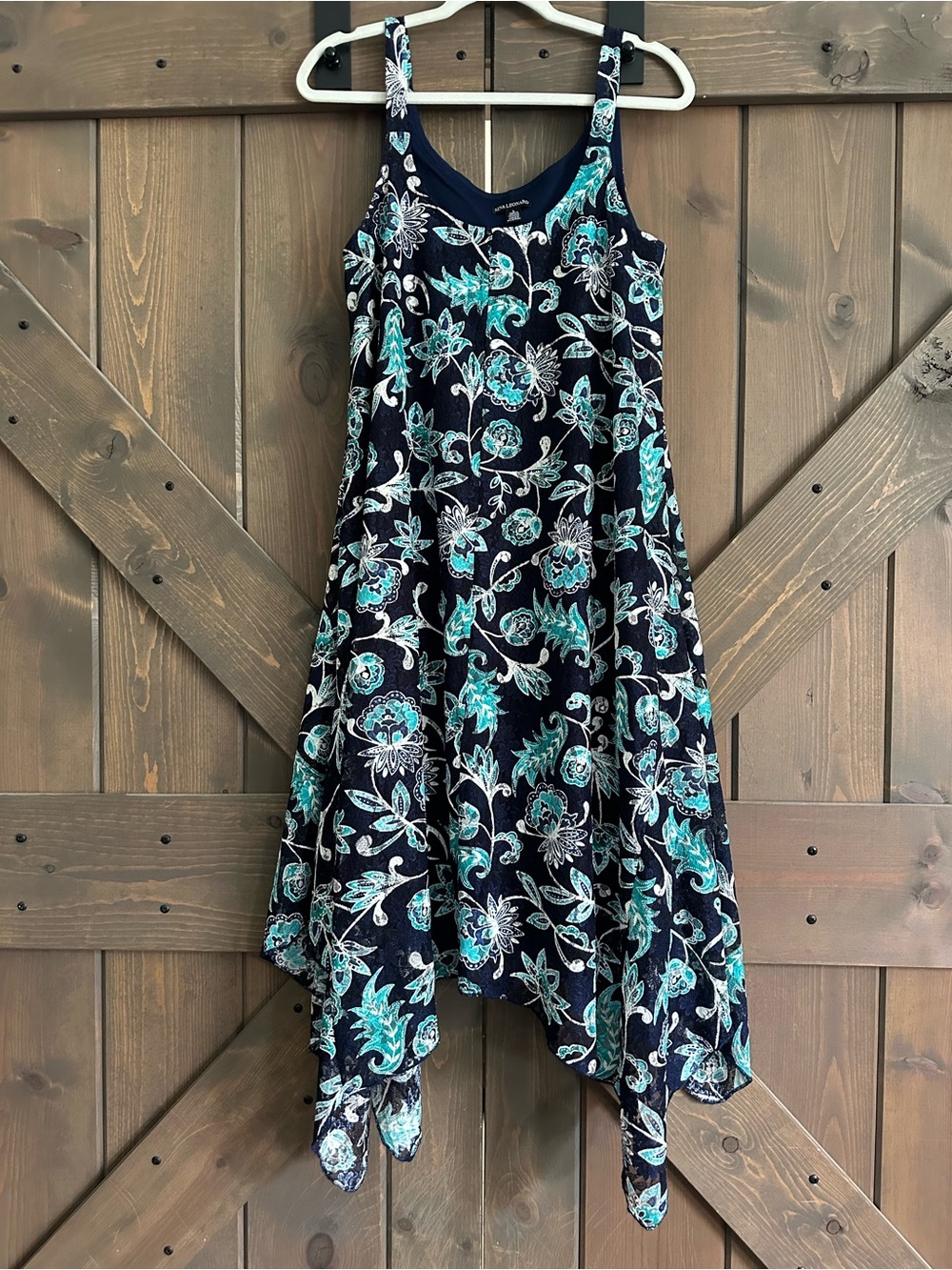 Nina Leonard Navy Floral Handkerchief Hem Dress with Teal Accents